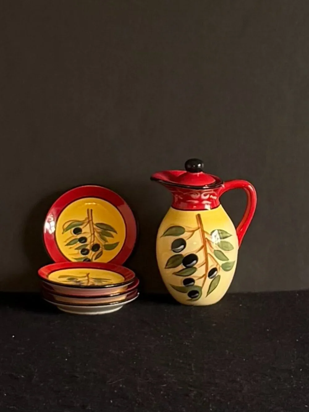 Certified Int'l Kate McRostie Hand Painted Ceramic Oil Pitcher/4 ‘Bread’ Plates